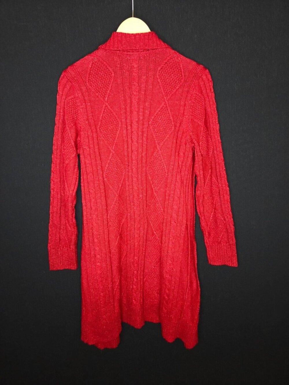💙 J. Jill Red Cable Knit Long Cardigan Sweater M/L Shawl Collar Button Front - Picture 7 of 8